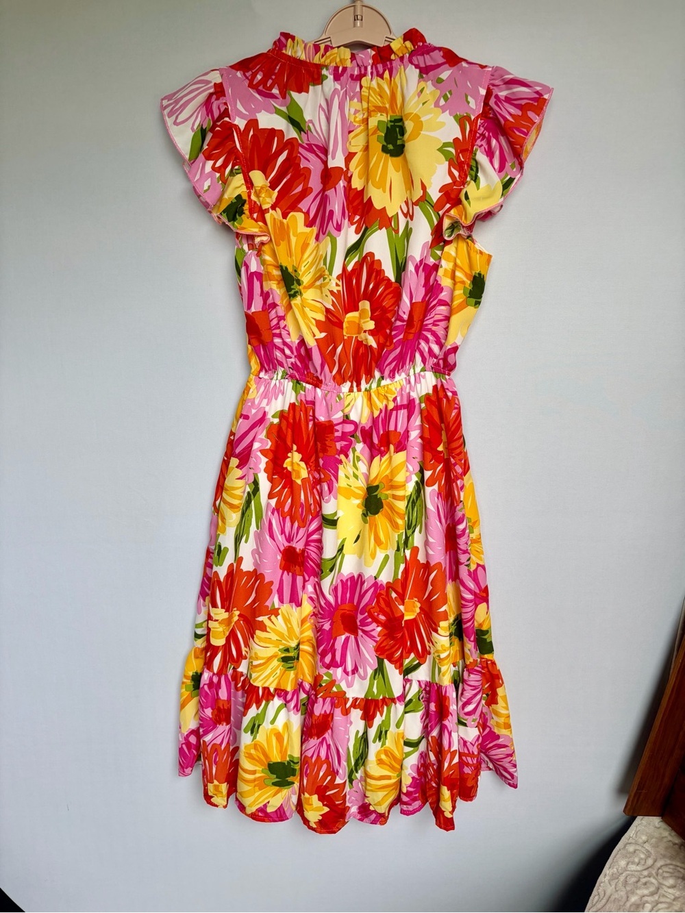 Ces Femme Womens M Bright Floral Dress Flutter Sleeve Tiered Resort - Picture 12 of 15